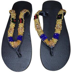 Beaded Flip Flops for Women Summer Style Sandals - (Gold, Multicolor)